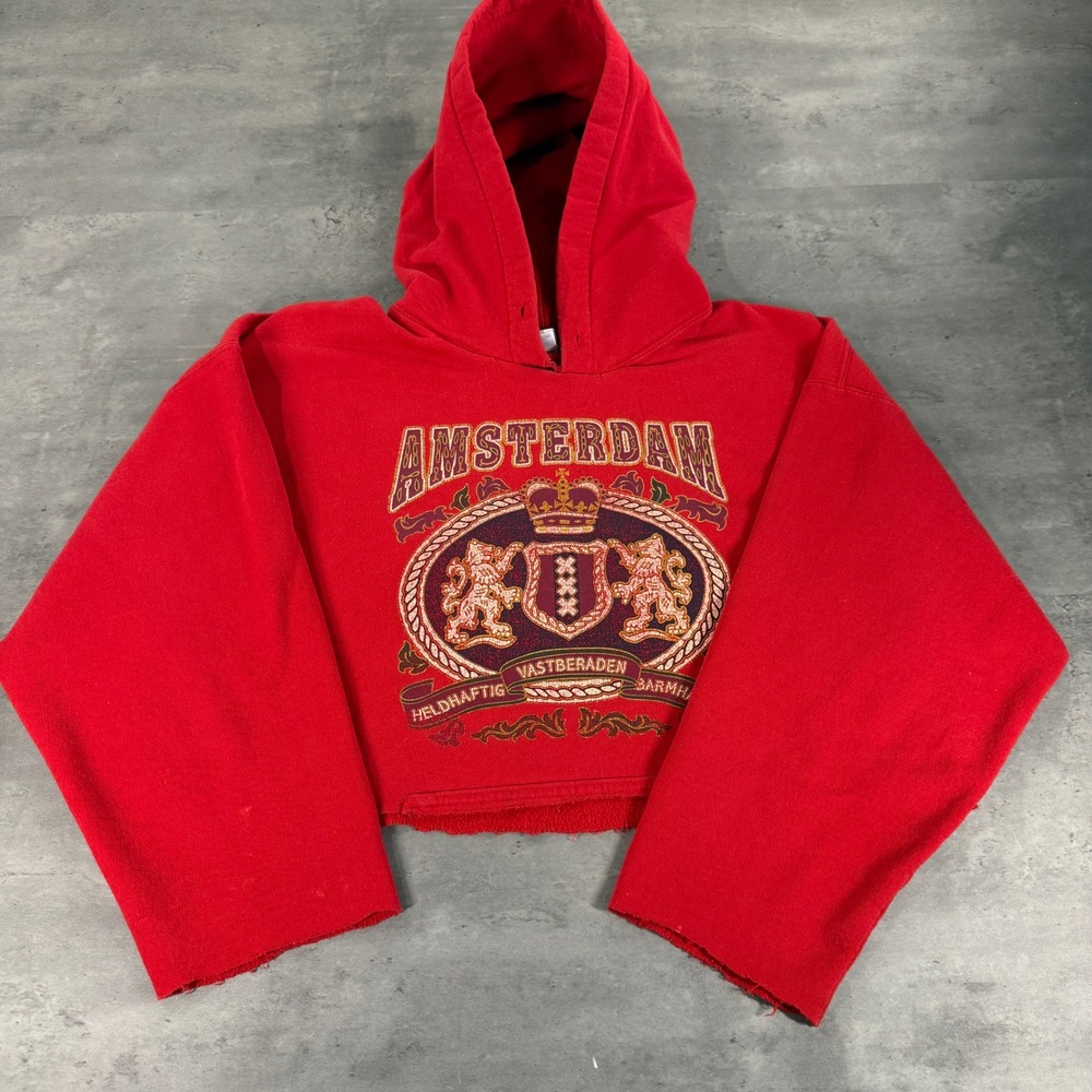 Vintage Amsterdam Hoodie Women L Heavy Blend Red Graphic Raw Hem Crop Distressed